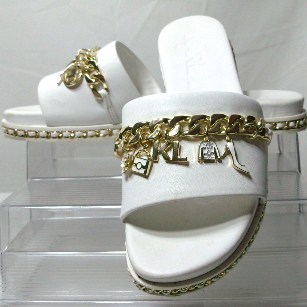 Karl Lagerfeld Paris Basia Charm Slide Sandal White and Gold Size 6.5